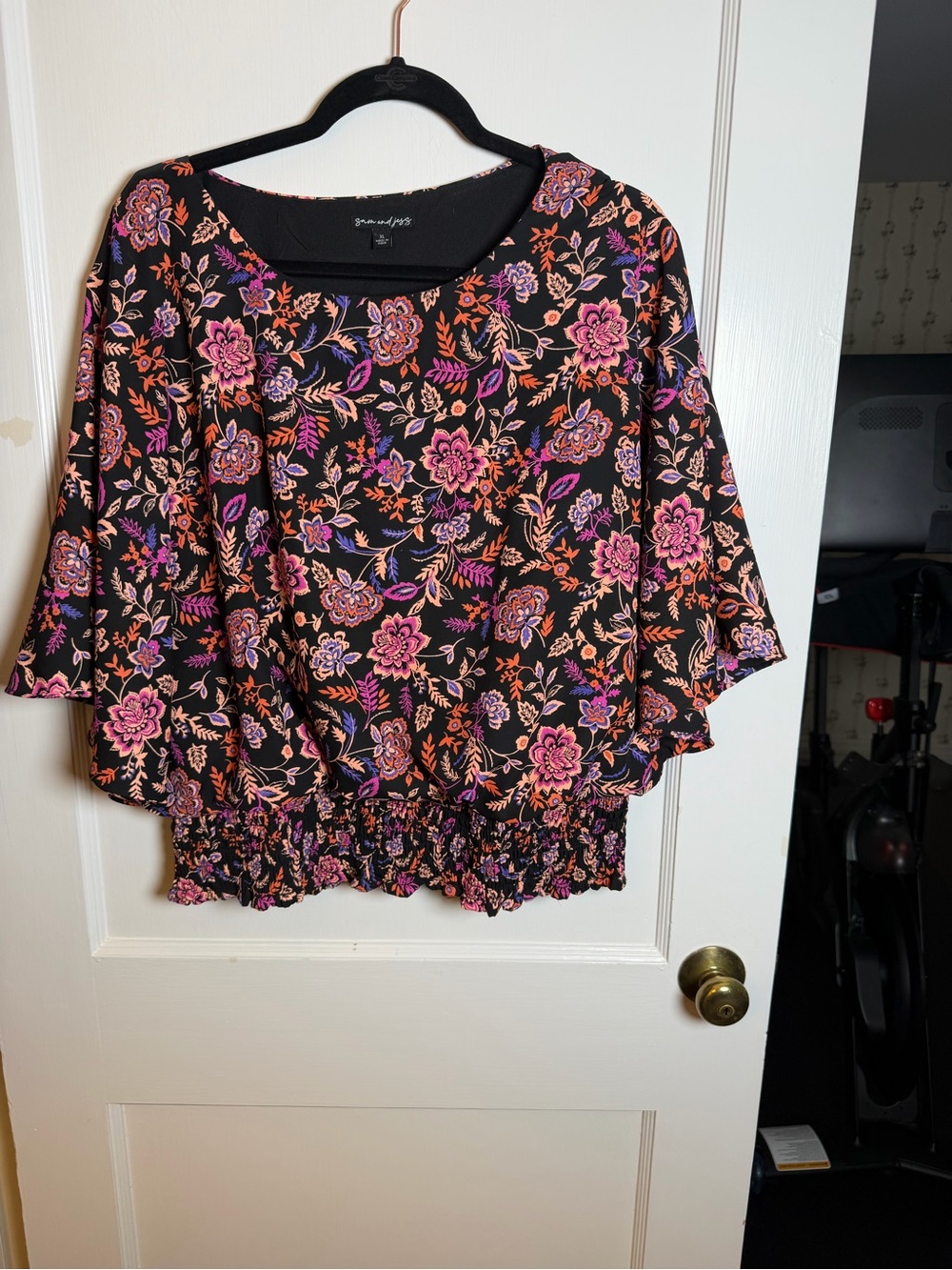 Sam & Jess Floral Smocked Hem Blouse - Black with Pink & Orange Floral size XL